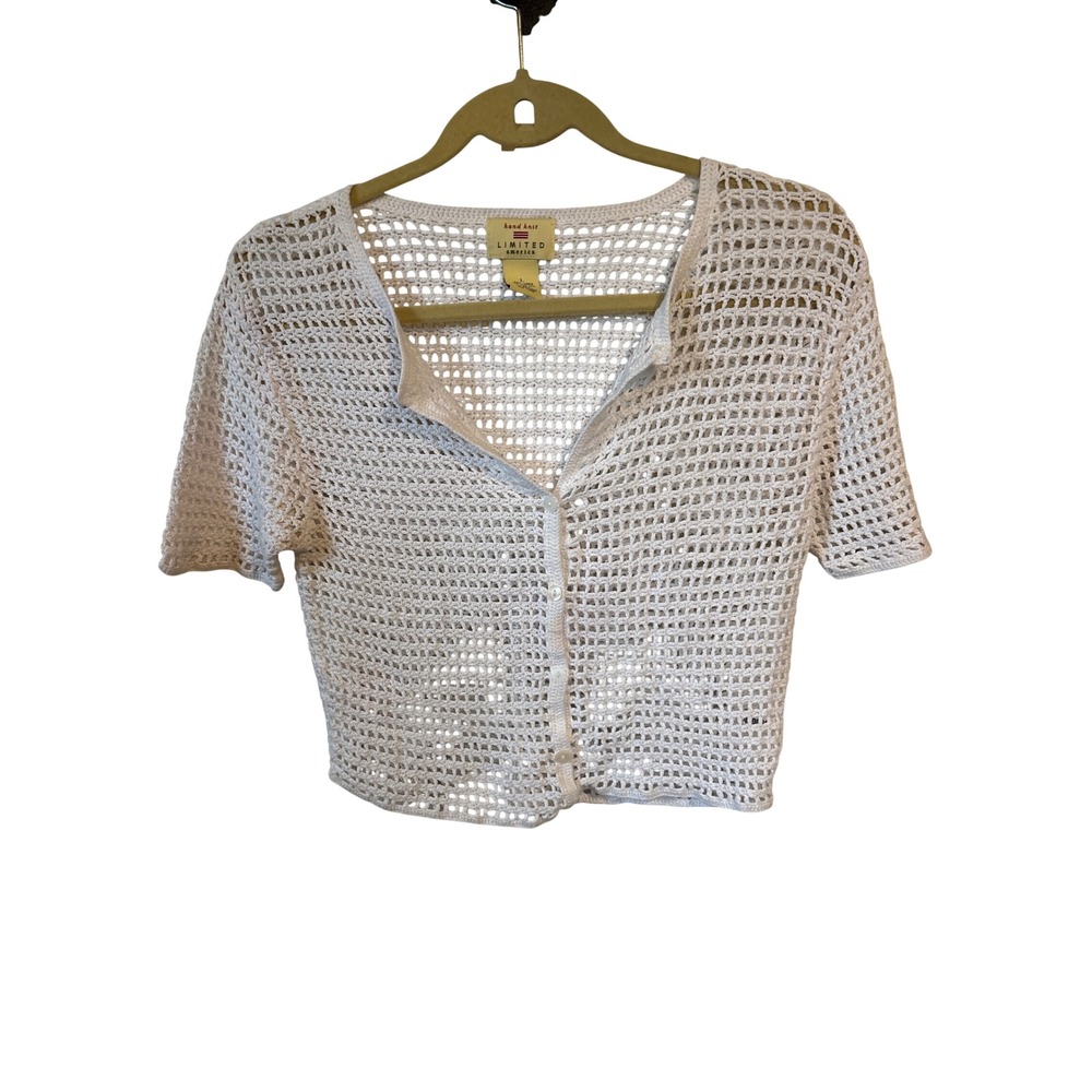 Limited America Crochet Cardigan Womens L White Hand Knit Linen Blend